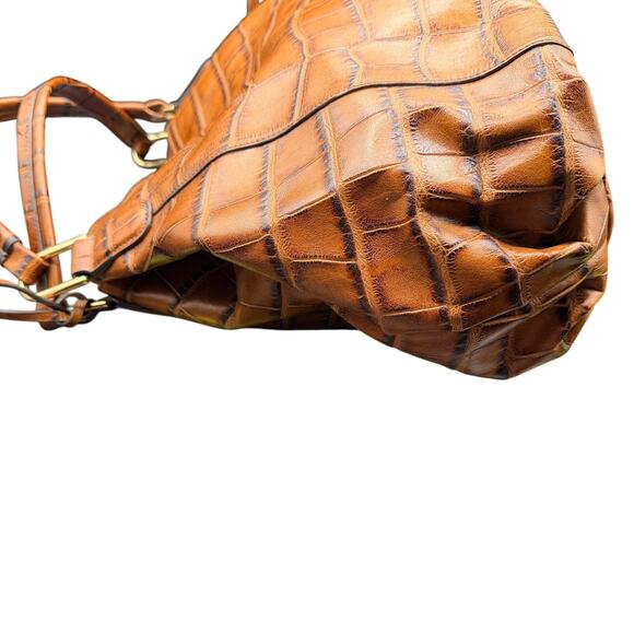 G.I.L.I. Genuine Leather Croc Embossed Satchel Tote Bag Cognac Brown - Picture 7 of 16